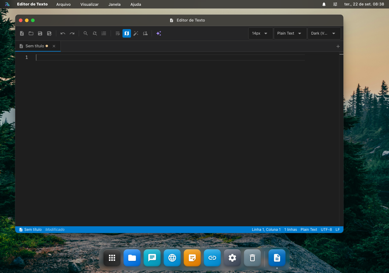 O Editor de Texto com uma aba nova: a barra tem tamanho da fonte, linguagem e tema, e a base mostra linha, coluna, codificação e fim de linha