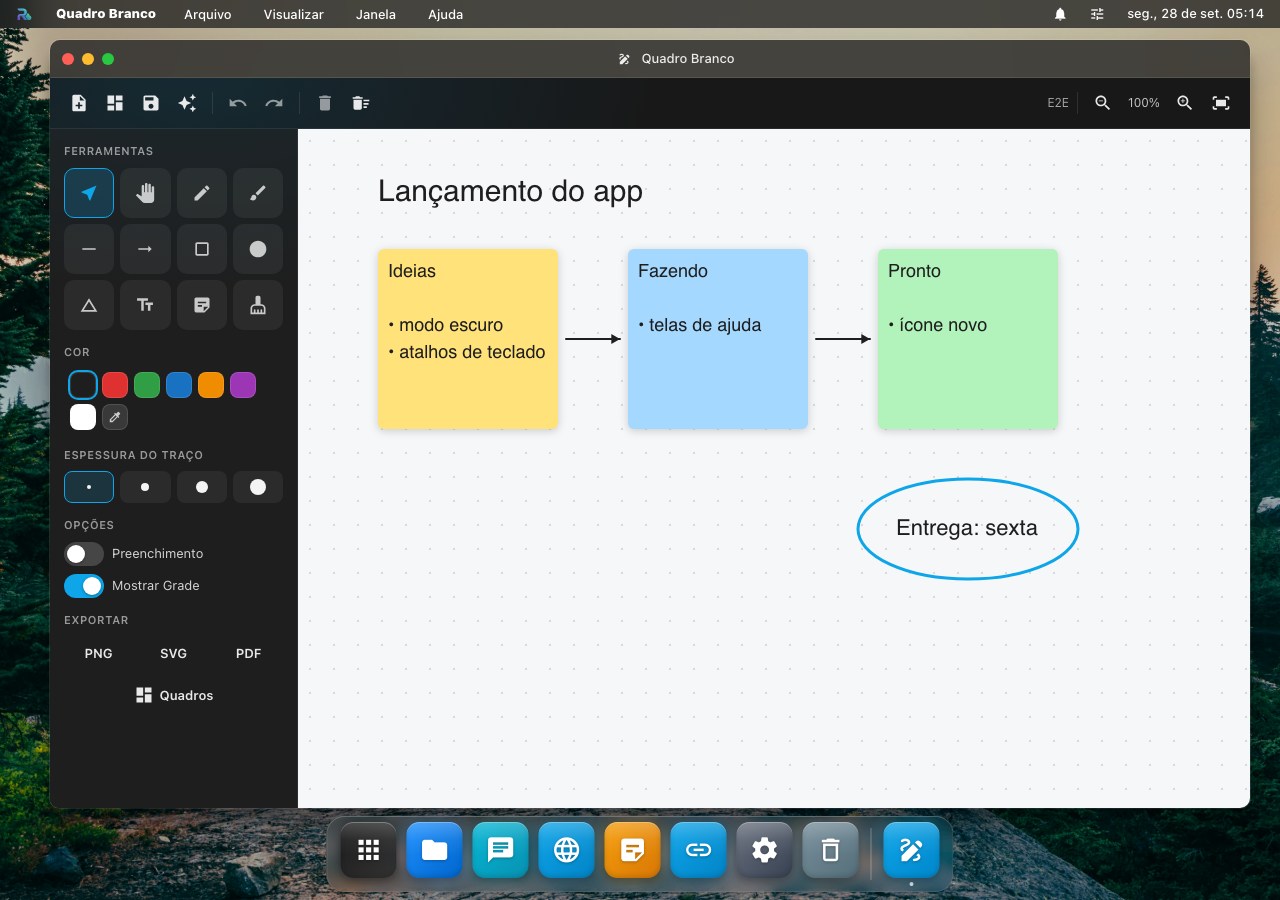 O Quadro Branco: ferramentas, cores, espessura do traço e exportação à esquerda; no quadro, três notas adesivas ligadas por setas e uma elipse com a data de entrega