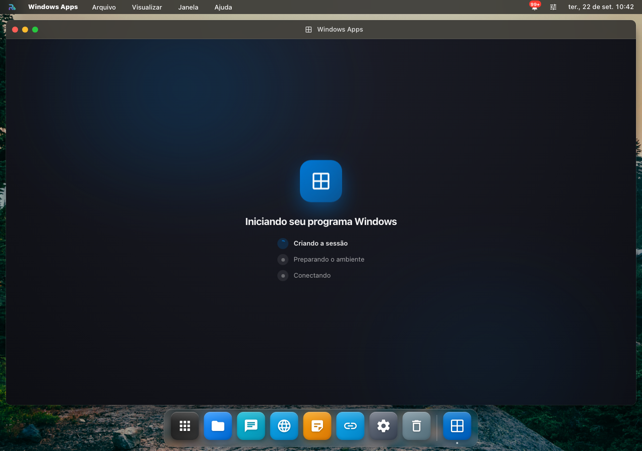 O Windows Apps recém-aberto, mostrando as três etapas de preparo da sessão: criando a sessão, preparando o ambiente e conectando