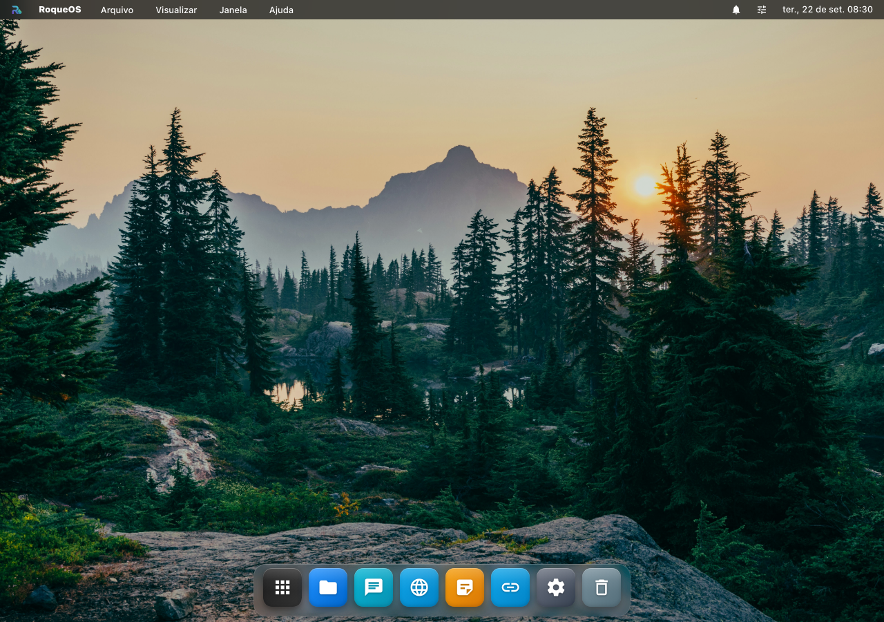 A área de trabalho do RoqueOS aberta no navegador: a barra de menus no topo, o papel de parede e o dock com os apps fixados embaixo