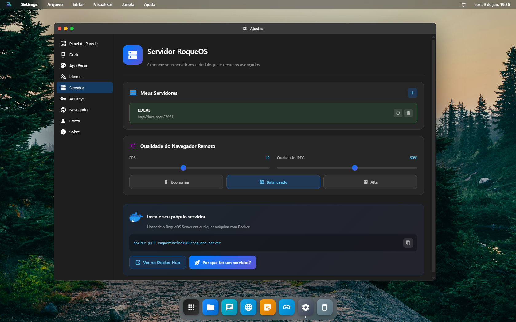 A seção Servidor dos Ajustes com o servidor LOCAL conectado em verde, a qualidade do Navegador Remoto logo abaixo e o comando docker pull para instalar o seu próprio